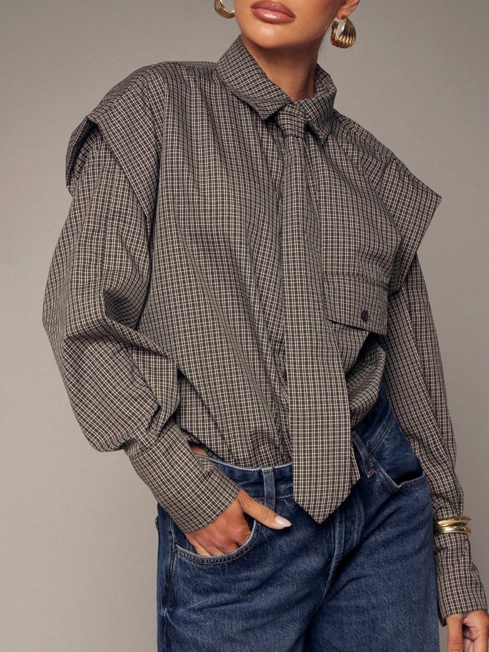 Coffee Brown Casual Women's Plaid Drop Sleeve Shirt - Picture 3 of 5